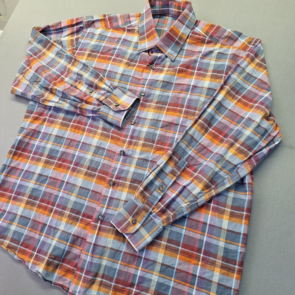 Alan Flusser Mens Large Long Sleeve Plaid Button Down Shirt Orange Purple Blue‎